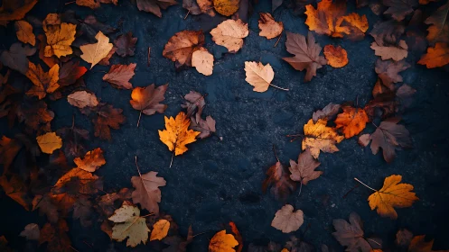 Wet ground holds scattered orange and brown autumn leaves