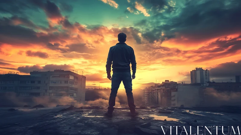 Solitary figure confronts apocalyptic city skyline at dusk