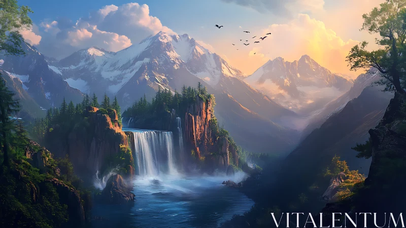 Sunlit mountain waterfalls in a peaceful hidden valley.