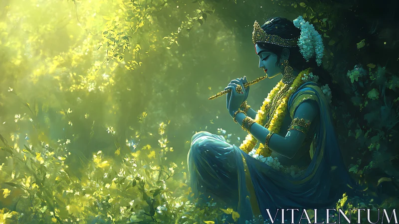 Divine flute player in luminous forest glade portrait.