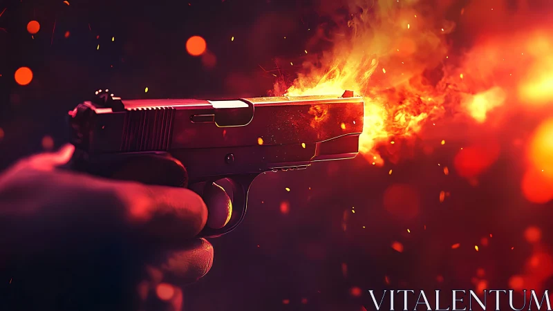 Handgun Discharging: Explosive Muzzle Flash Against Crimson Inferno