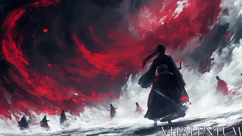 Lone warrior faces red storm and distant figures in battle