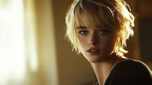 Cinematic portrait captures backlit blonde subject in warm bokeh