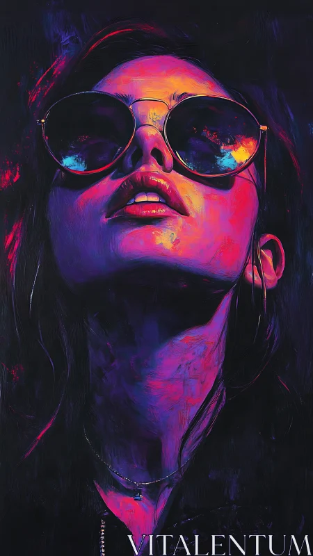 Chromatic neon portrait with reflective sunglasses and tilt-up gaze.