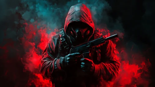 Hooded armed figure stands amid red and teal smoke