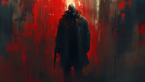 Silhouetted gunman in trench coat against abstract red smear field