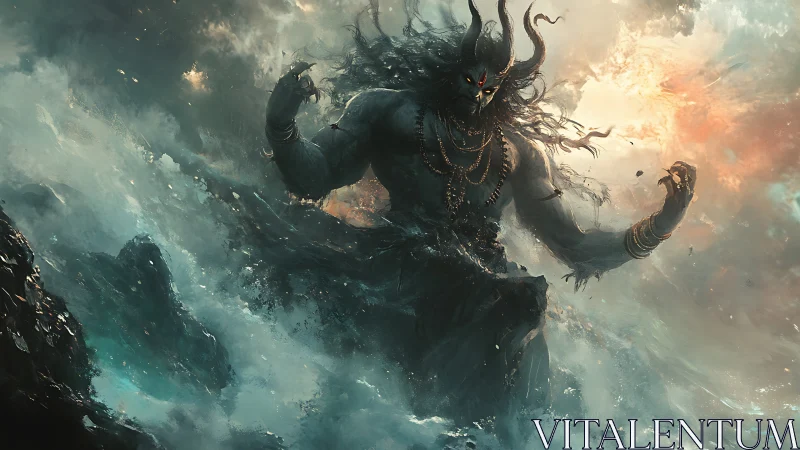 Colossal horned sea demon rises from storm-torn ocean