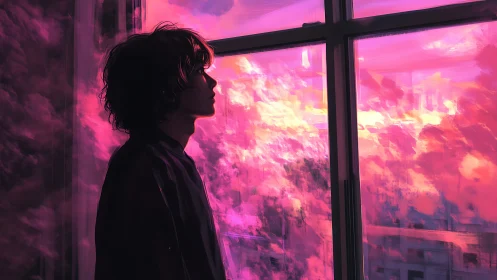 Softly dreaming, a lone figure gazes into glowing pink clouds