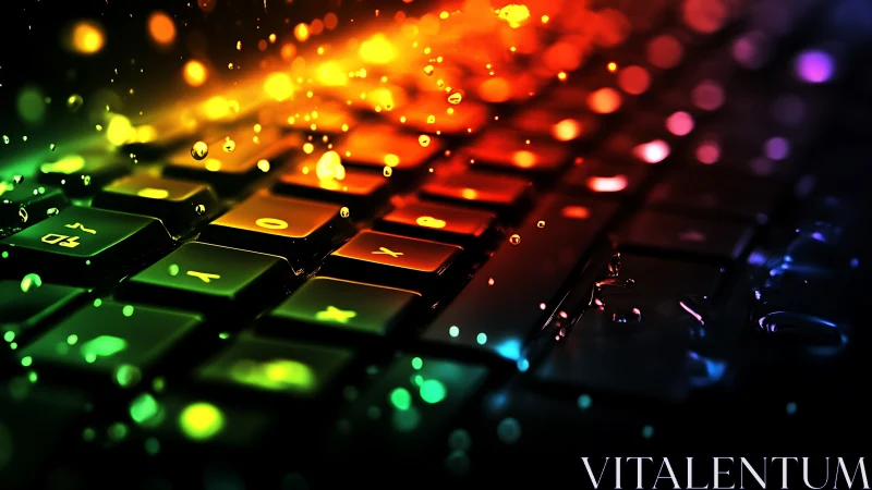 Chromatic droplets cascading over neon backlit keyboard.