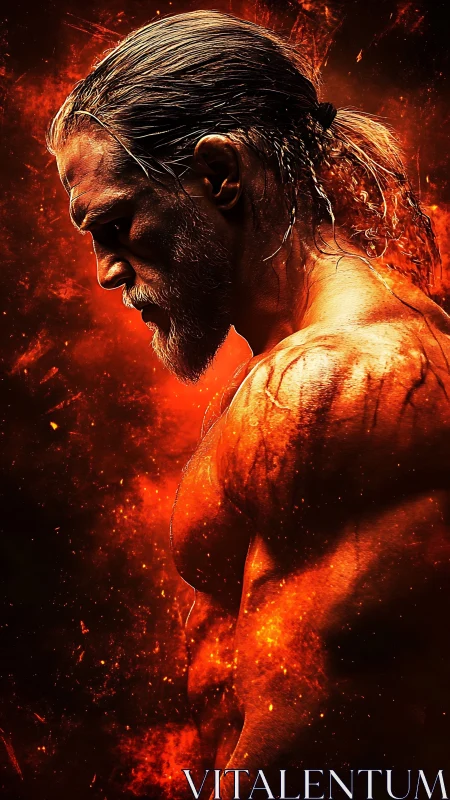 Side profile of muscular male figure in fiery environment.