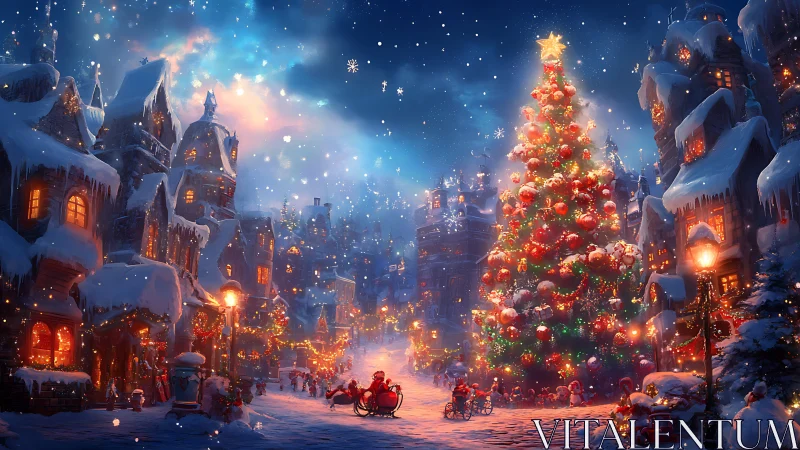 Snowy Christmas village glows around towering festive tree