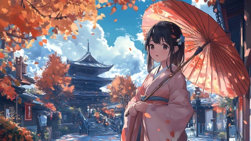 Girl holds parasol near pagoda in detailed autumn street scene