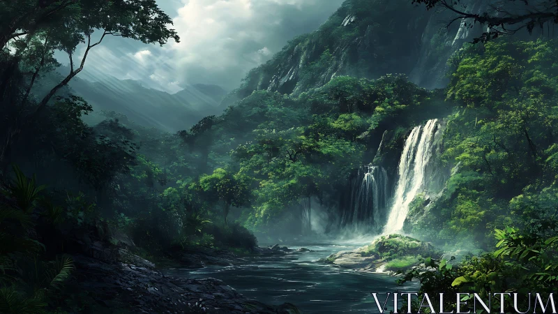 Emerald Cascades: Where Jungle Dreams Tumble Into Twilight Waters.