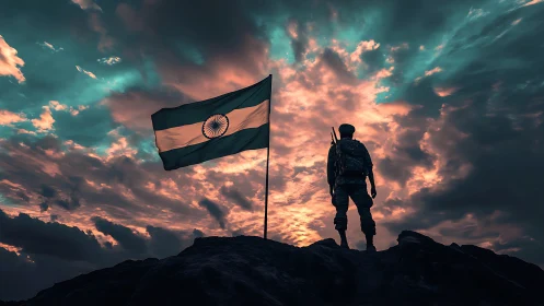Stormlit sky crowns lone soldier as the tricolor roars high