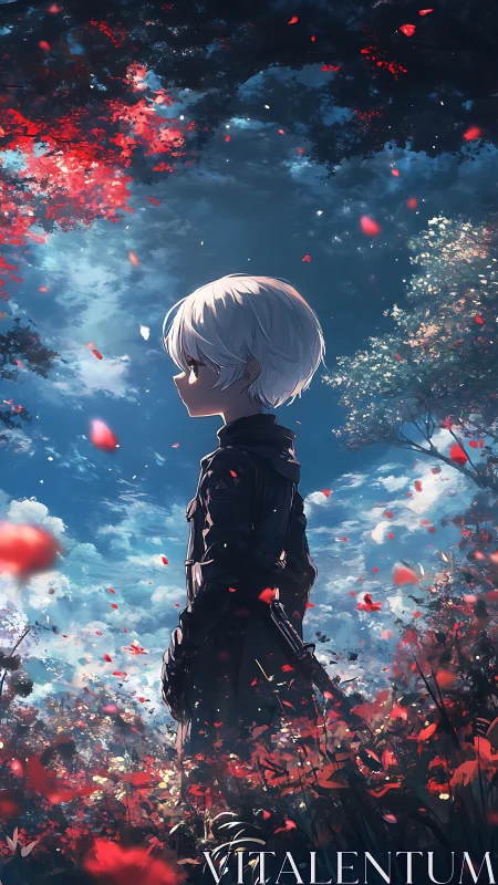 Solitary anime swordsman stands in luminous red forest clearing