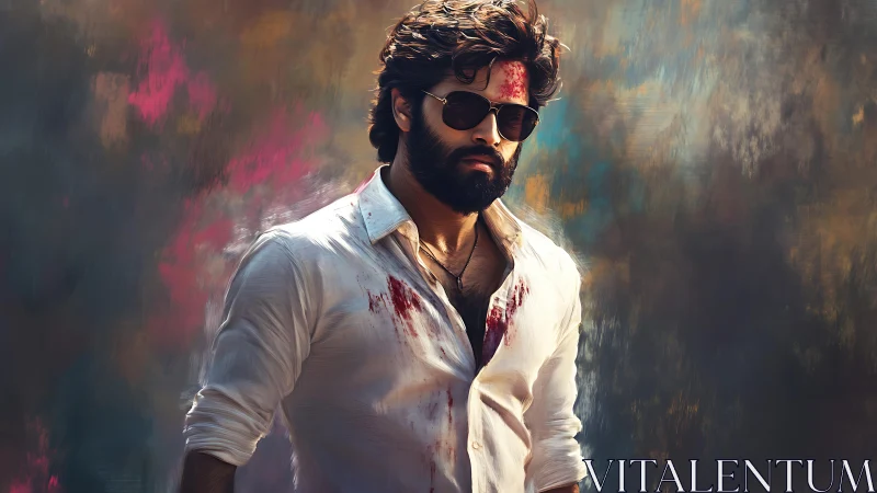 Brooding bearded man in bloodstained white shirt.