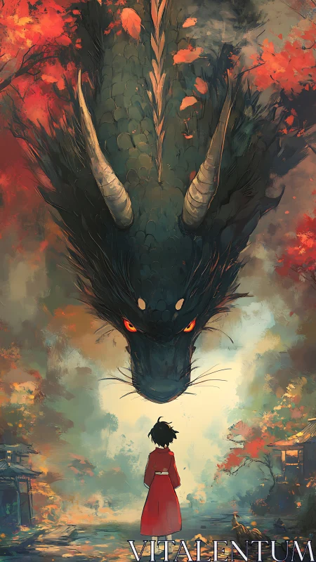 Crimson-robed child steadies courage beneath autumn dragon gaze