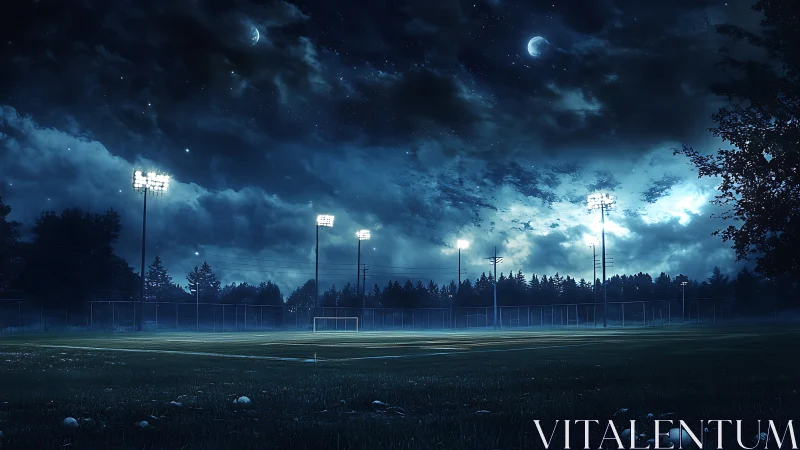 Empty football field glows under dramatic stormy night sky
