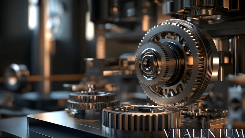 Precision Engineered Metal Gears in Industrial Workshop, Photorealistic.
