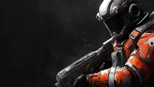 Lone crimson space marine stands guard in starlit void.