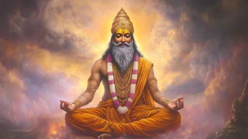 Meditating sage in lotus pose under volumetric divine backlight