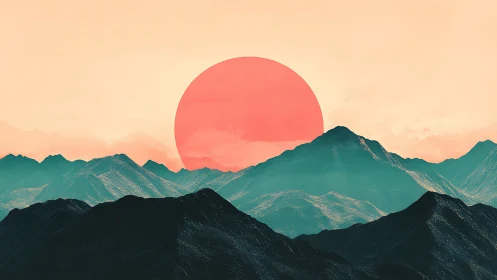 Gentle coral sun settles behind misty teal mountain peaks