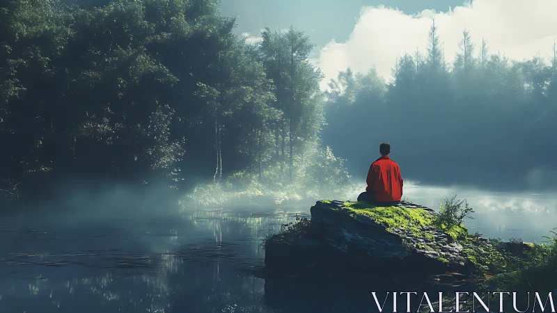 Solitary figure in red finds stillness beside misty lake.