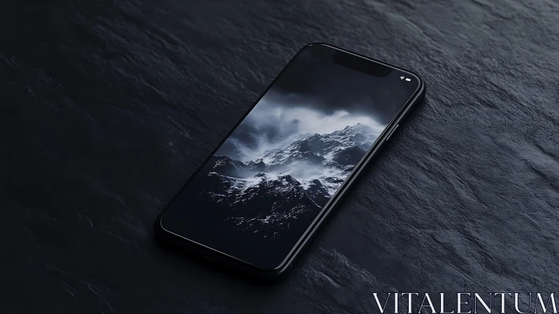 Midnight smartphone cradling a storm-lit mountain realm.