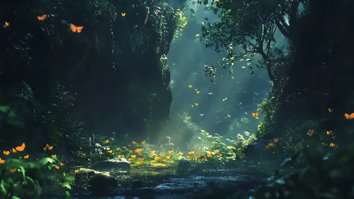 Sunlit forest pool where butterflies quietly gather.