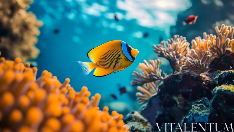 Vibrant butterflyfish gliding through vivid coral reef seascape.