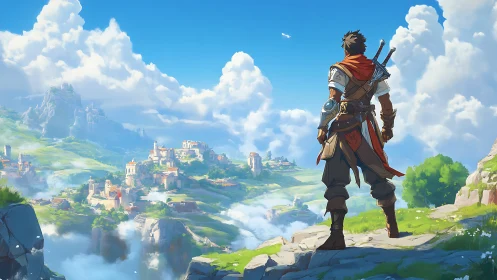Armored traveler overlooking expansive fantasy valley landscape.