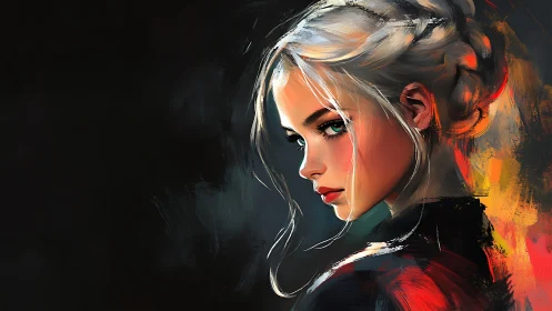 Chromatic side-lit portrait of braided woman in digital oils.