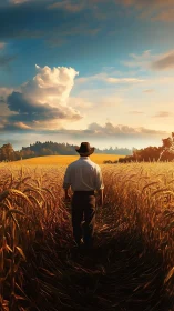 Solitary dreamer strolls a wheat corridor toward painted sky