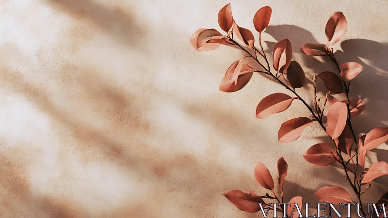 Dried blush leaves casting soft shadows on beige wall.