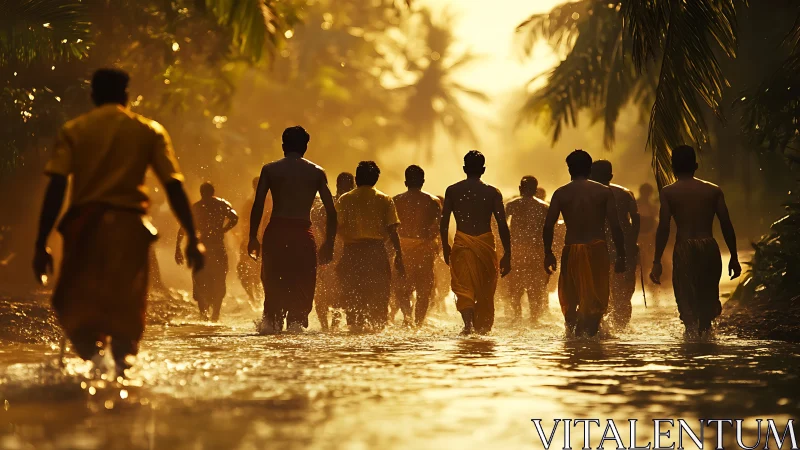 Golden light welcomes villagers walking through sunlit water