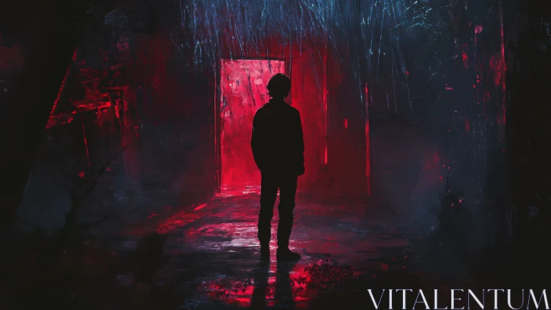 Silhouetted wanderer before a glowing crimson doorway.