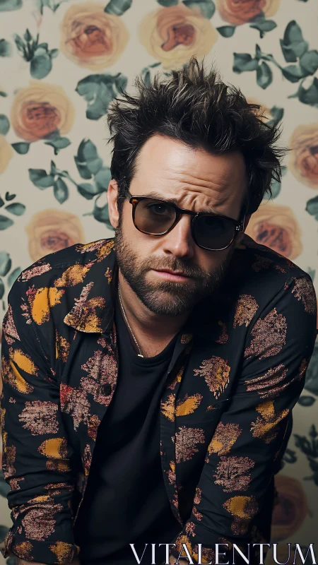 Stylish bearded man in floral shirt before soft rose backdrop.