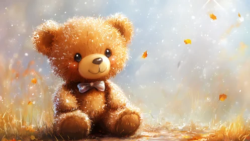 Sunlit teddy bear quietly daydreams in a sparkling meadow