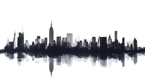 Monochrome city skyline forms a mirrored linear reflection