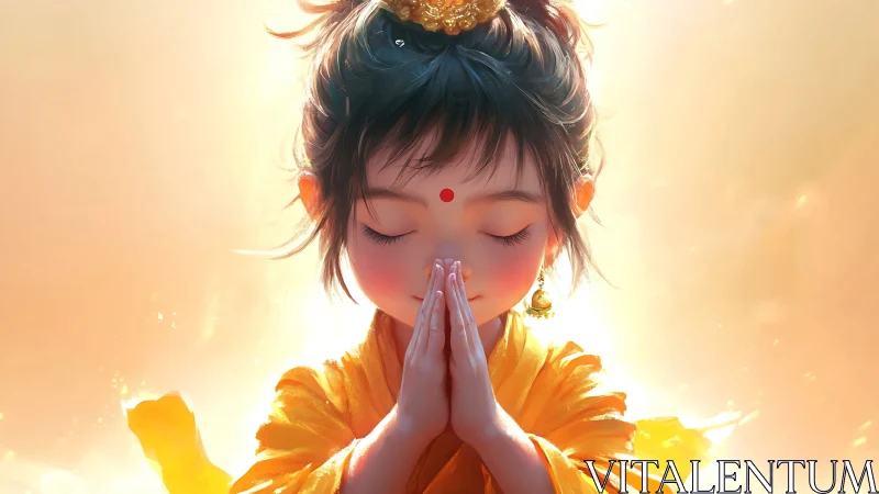 Digital child figure in orange robe with hands joined in prayer.