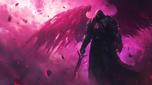 Dark seraph warrior in magenta storm, digital fantasy painting.