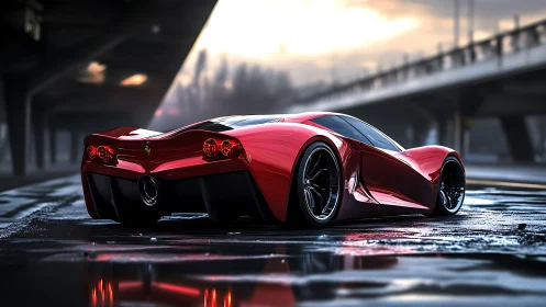 Sleek red hypercar glows on wet urban highway at dusk.