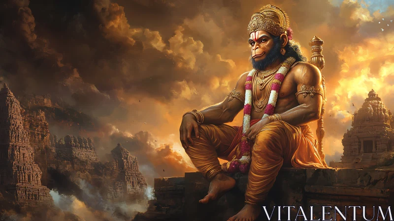 Hanuman seated before stormy sky and ancient temples.