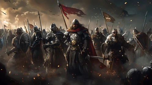 Storm-forged Warband Marching Through Ember-laced Fog.