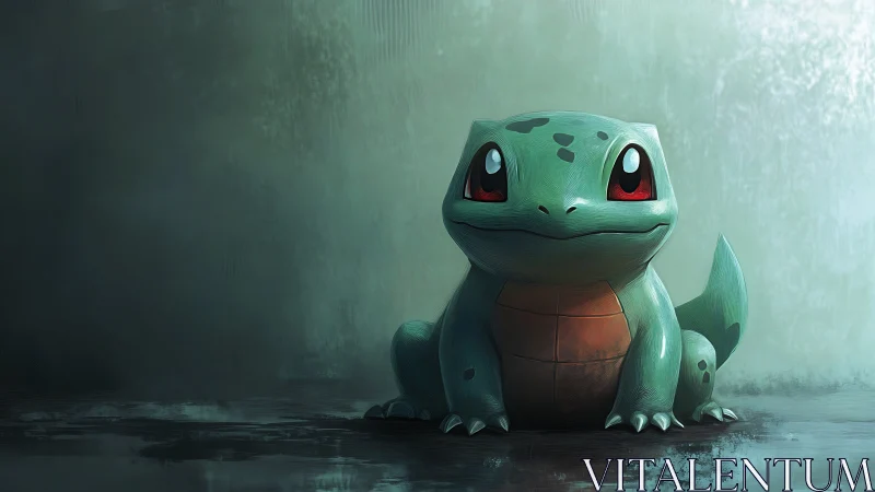 Bulbasaur-style creature in soft lit digital scene.