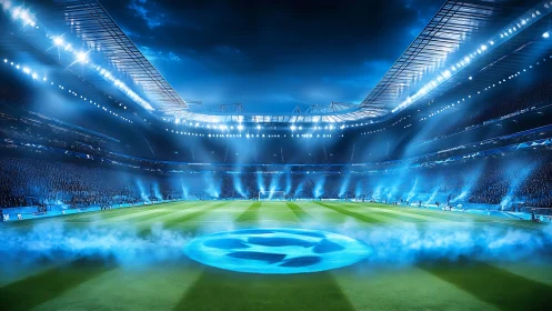 Floodlit football stadium interior shows blue-lit match setup