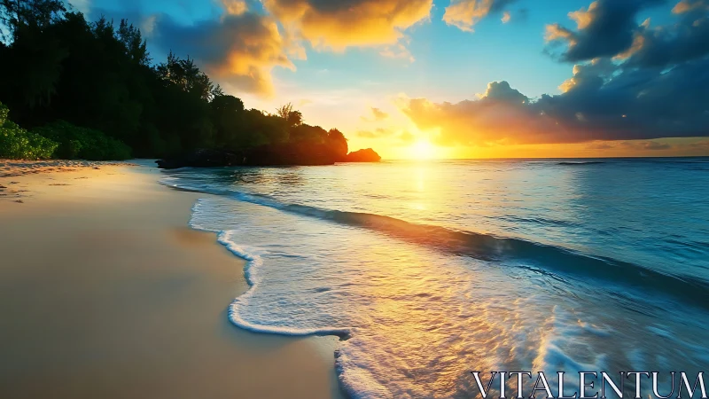 Sun sets over calm tropical beach with reflective shoreline.