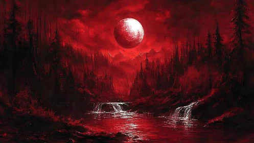Crimson lunar forestscape with waterfalls under blood moon.