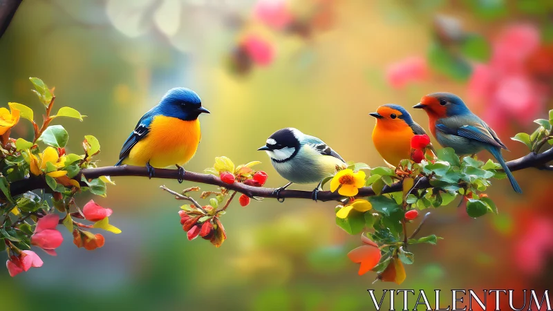 Colorful Songbirds on Blossoming Branch in Vibrant Spring Art.