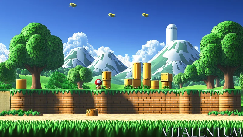 Colorful mushroom hero explores sunny pixel hills and pipes